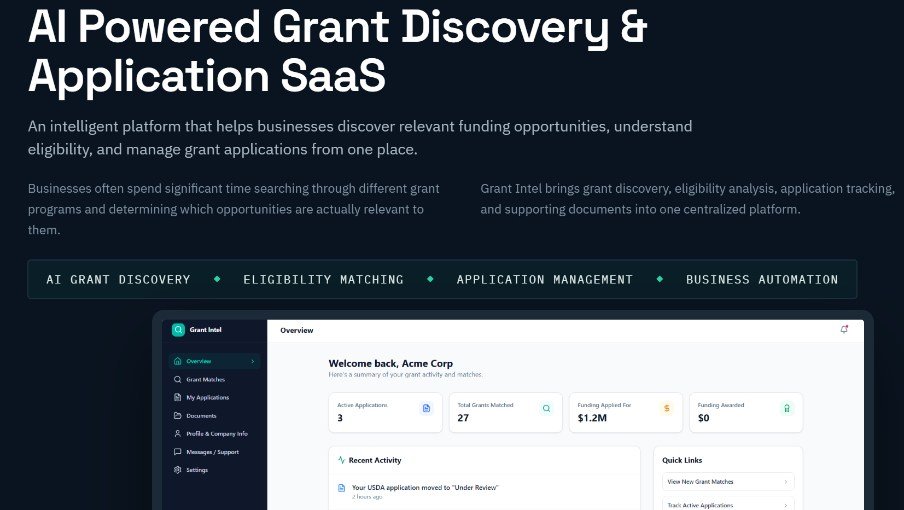 Grant Intel AI-powered grant discovery and application management SaaS dashboard