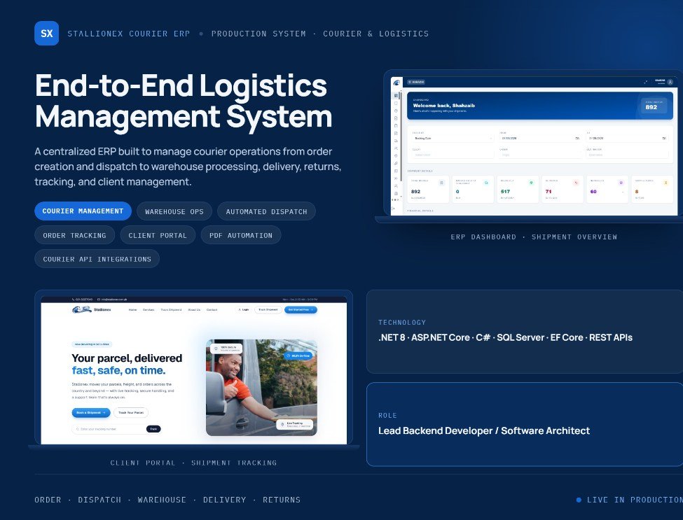 Stallionex courier ERP dashboard and client shipment tracking portal built with ASP.NET Core